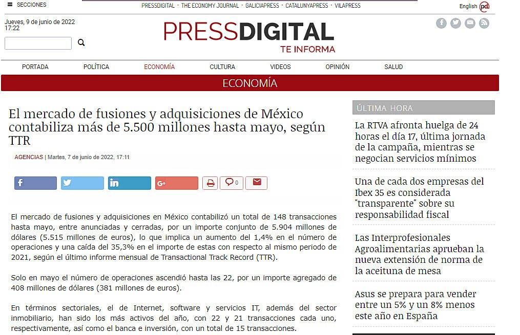 El mercado de fusiones y adquisiciones de Mxico contabiliza ms de 5.500 millones hasta mayo, segn TTR